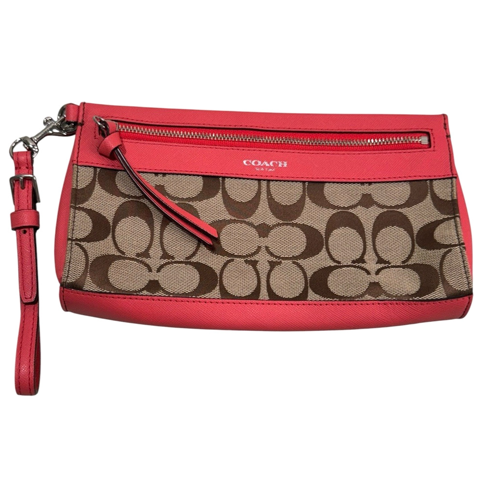 Vintage Coach Signature Brown Canvas Coral Pink Saffiano Leather Wristlet Wallet